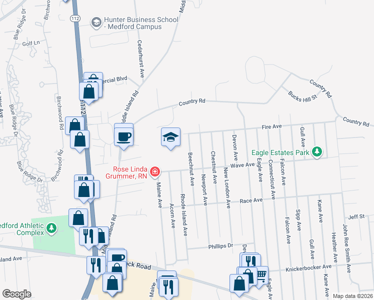 map of restaurants, bars, coffee shops, grocery stores, and more near 3110 Beechnut Avenue in Medford