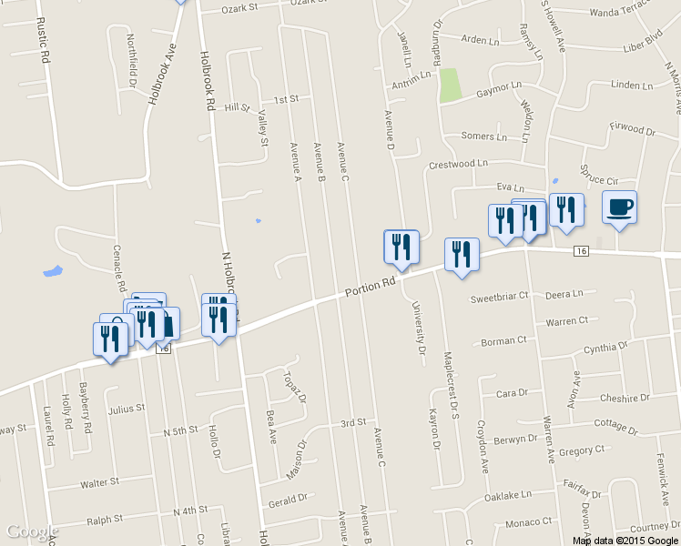 map of restaurants, bars, coffee shops, grocery stores, and more near 237 Avenue B in Lake Ronkonkoma