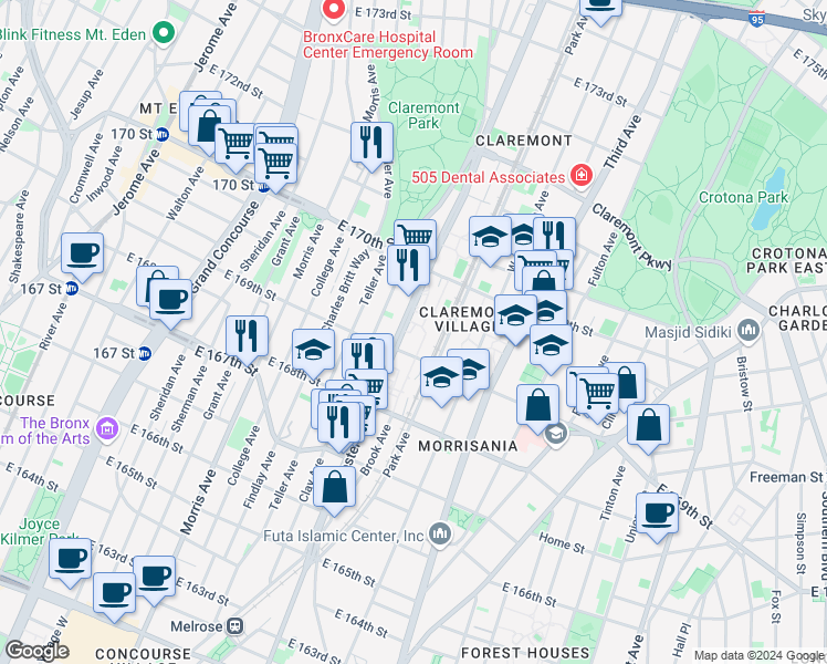 map of restaurants, bars, coffee shops, grocery stores, and more near 1334 Webster Avenue in The Bronx