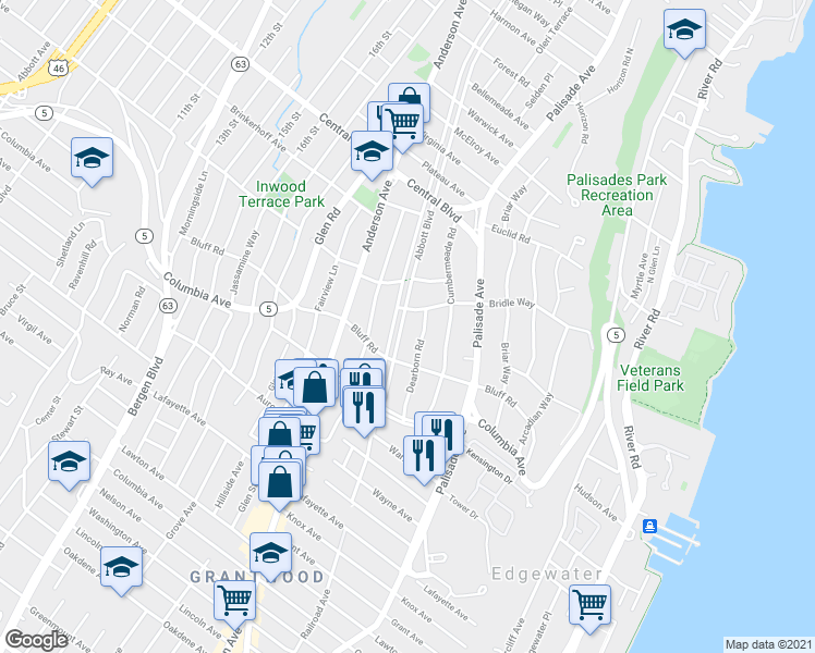 map of restaurants, bars, coffee shops, grocery stores, and more near 1068 Abbott Boulevard in Fort Lee