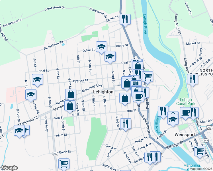 map of restaurants, bars, coffee shops, grocery stores, and more near 332-334 Mahoning Street in Lehighton