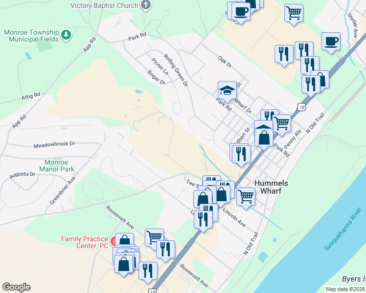 map of restaurants, bars, coffee shops, grocery stores, and more near 99 Country Club Dr in Selinsgrove
