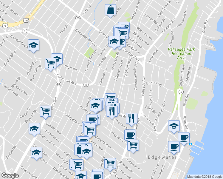 map of restaurants, bars, coffee shops, grocery stores, and more near 283 Bluff Road in Fort Lee