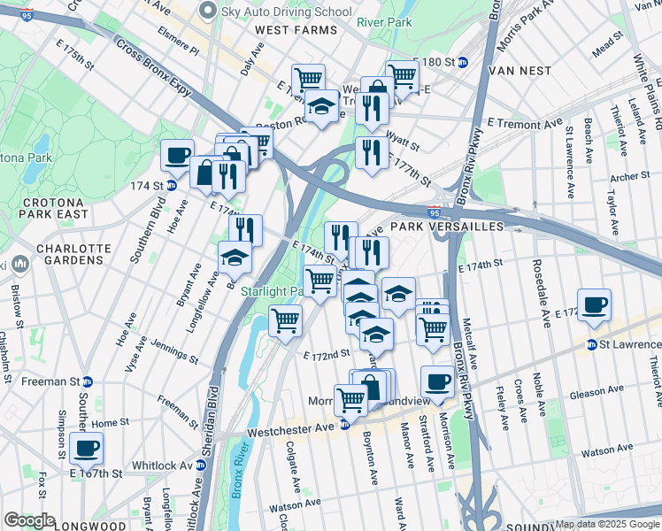 map of restaurants, bars, coffee shops, grocery stores, and more near 1413 Bronx River Avenue in Bronx
