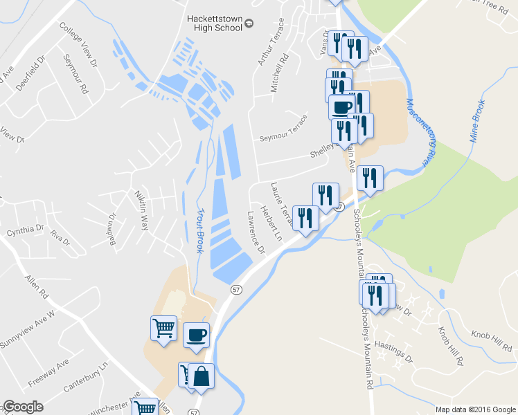 map of restaurants, bars, coffee shops, grocery stores, and more near 17 Herbert Lane in Hackettstown