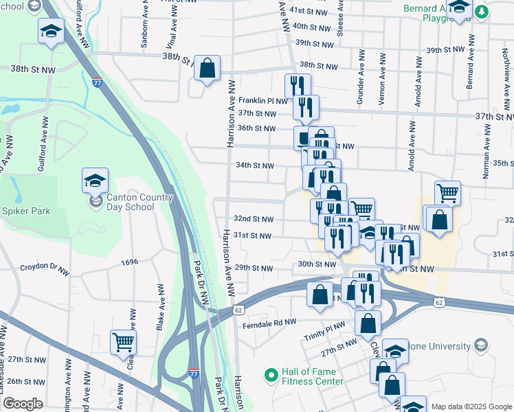map of restaurants, bars, coffee shops, grocery stores, and more near 2012 Mount Vernon Boulevard Northwest in Canton