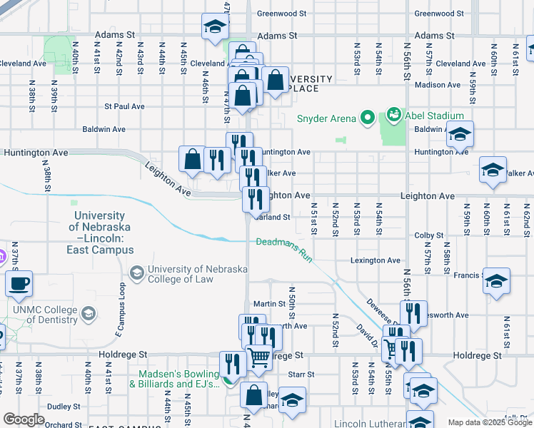 map of restaurants, bars, coffee shops, grocery stores, and more near 4830 Garland Street in Lincoln
