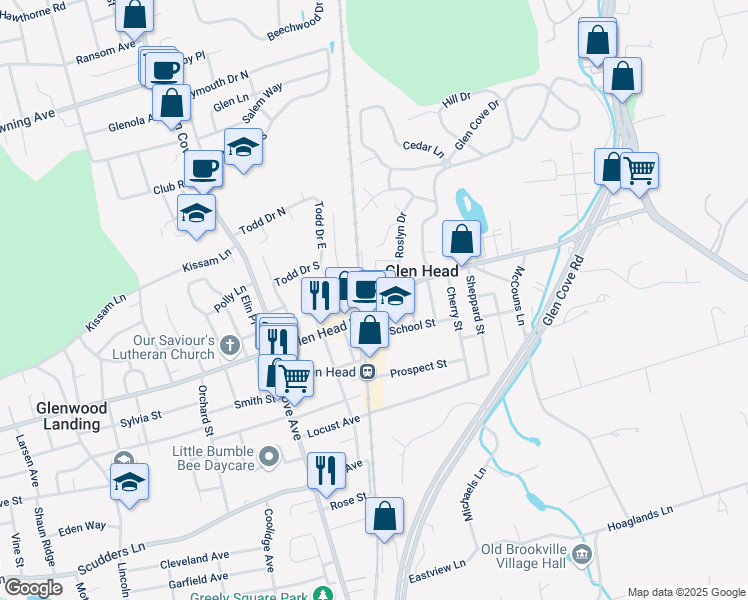 map of restaurants, bars, coffee shops, grocery stores, and more near 80 Glen Head Road in Glen Head