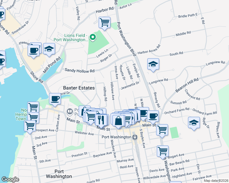 map of restaurants, bars, coffee shops, grocery stores, and more near 31 Hillview Avenue in Port Washington