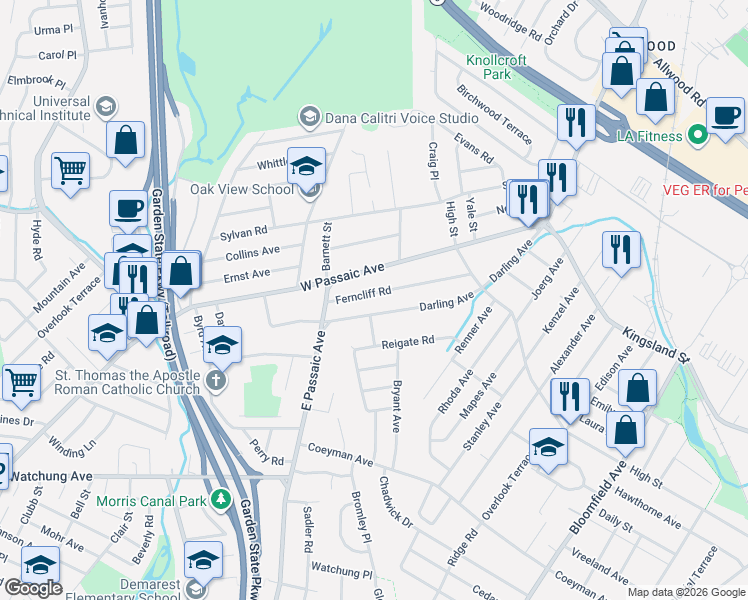 map of restaurants, bars, coffee shops, grocery stores, and more near 33 Ferncliff Rd in Bloomfield