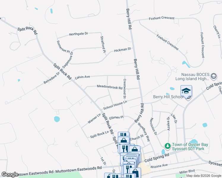 map of restaurants, bars, coffee shops, grocery stores, and more near 45 Meadowbrook Road in Syosset