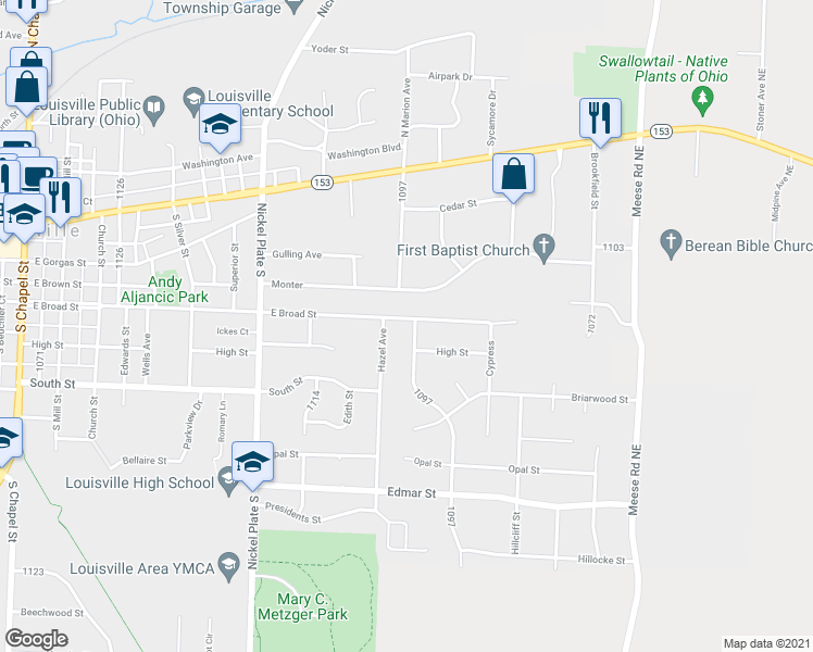 map of restaurants, bars, coffee shops, grocery stores, and more near 1620 East Broad Street in Louisville