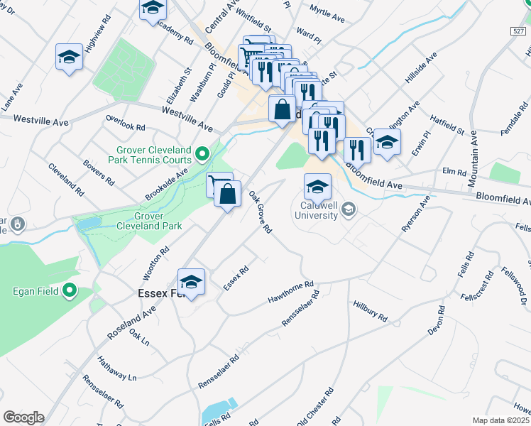 map of restaurants, bars, coffee shops, grocery stores, and more near 19 Oak Grove Road in Caldwell