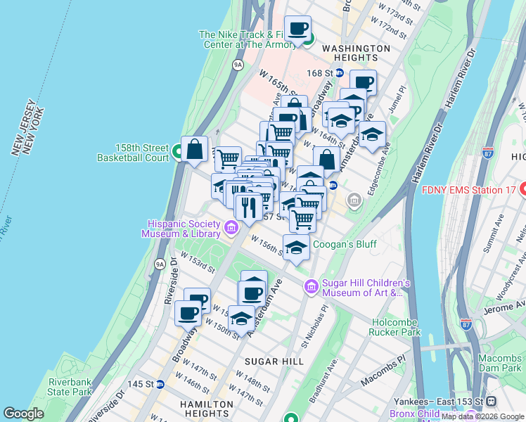 map of restaurants, bars, coffee shops, grocery stores, and more near 3798 Broadway in New York