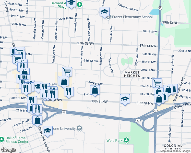 map of restaurants, bars, coffee shops, grocery stores, and more near 626 34th Street Northwest in Canton