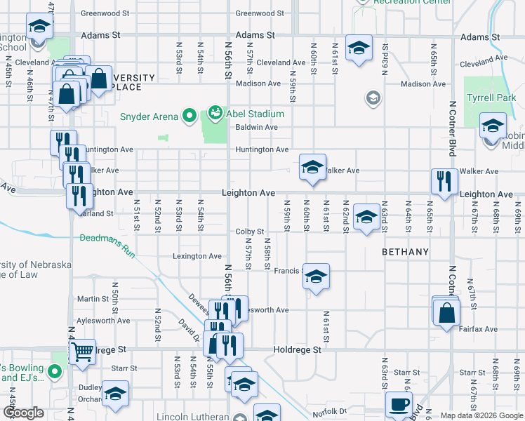 map of restaurants, bars, coffee shops, grocery stores, and more near 2201 North 58th Street in Lincoln