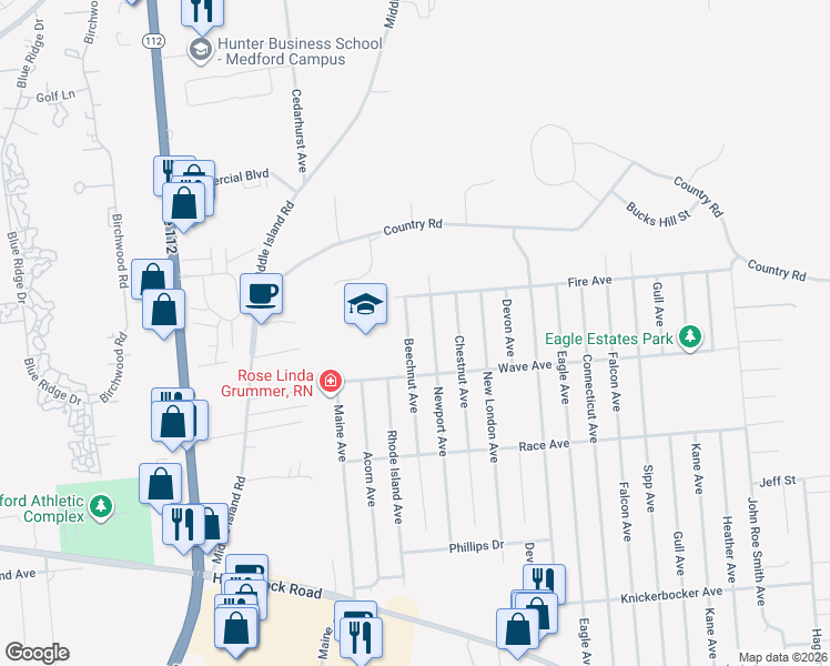 map of restaurants, bars, coffee shops, grocery stores, and more near 3110 Beechnut Avenue in Medford