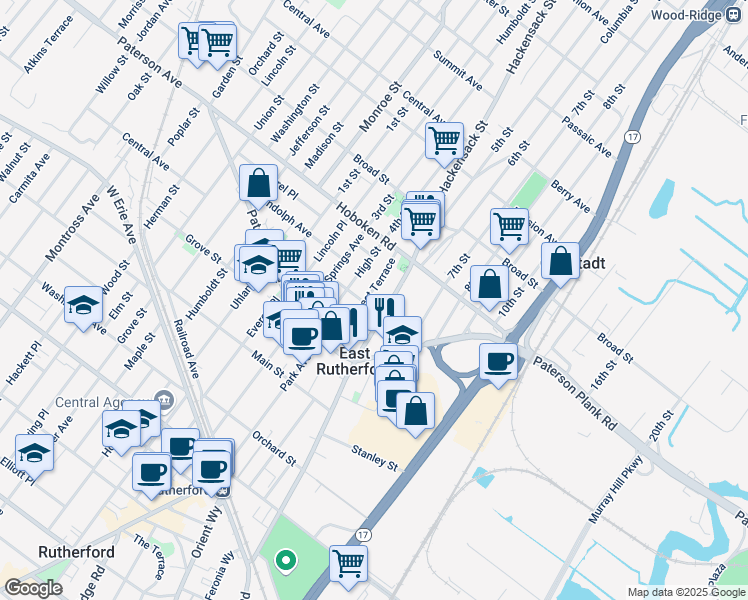 map of restaurants, bars, coffee shops, grocery stores, and more near 50 Prospect Terrace in East Rutherford