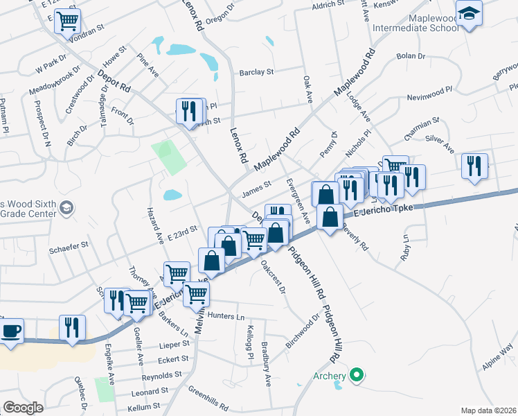 map of restaurants, bars, coffee shops, grocery stores, and more near 4 Adelaide Street in Huntington Station