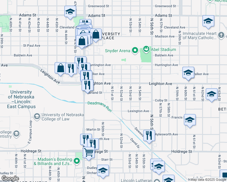 map of restaurants, bars, coffee shops, grocery stores, and more near 5102 Garland Street in Lincoln