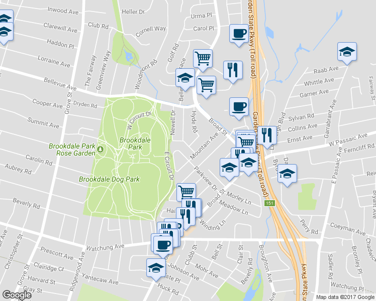 map of restaurants, bars, coffee shops, grocery stores, and more near 12 Claremont Avenue in Bloomfield