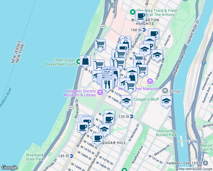 map of restaurants, bars, coffee shops, grocery stores, and more near 5 Edward M Morgan Place in New York