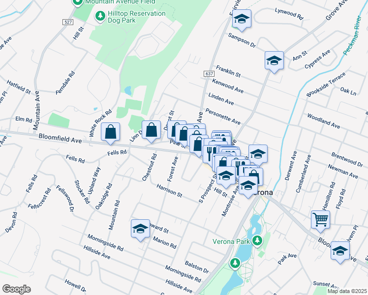 map of restaurants, bars, coffee shops, grocery stores, and more near 25 Pine Street in Verona