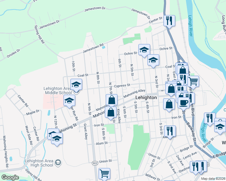 map of restaurants, bars, coffee shops, grocery stores, and more near 183 North 7th Street in Lehighton