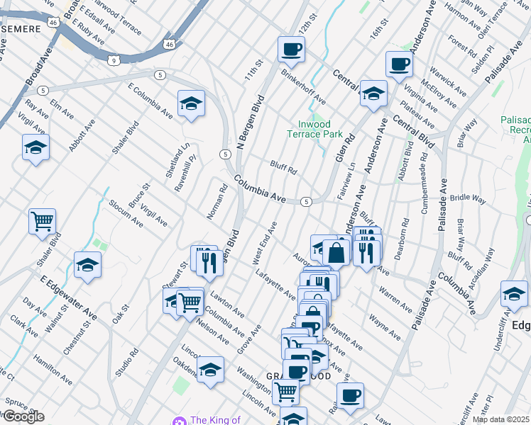 map of restaurants, bars, coffee shops, grocery stores, and more near 808 Kingsland Avenue in Ridgefield