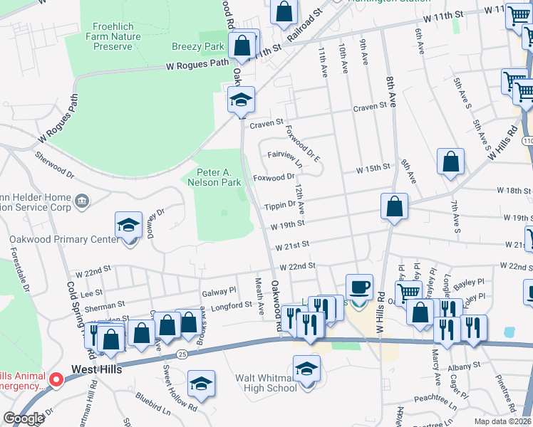 map of restaurants, bars, coffee shops, grocery stores, and more near 422 Oakwood Road in Huntington Station