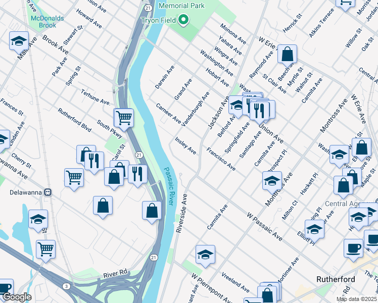 map of restaurants, bars, coffee shops, grocery stores, and more near 27 Insley Avenue in Rutherford