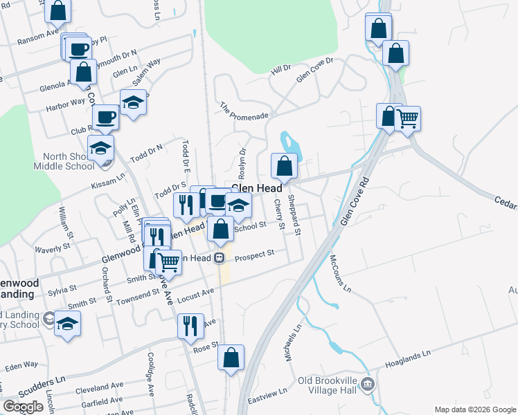 map of restaurants, bars, coffee shops, grocery stores, and more near 3 Wall Street in Glen Head