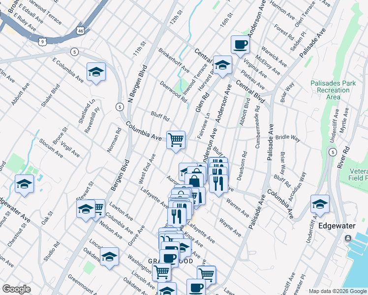 map of restaurants, bars, coffee shops, grocery stores, and more near 1007 Glen Road in Fort Lee