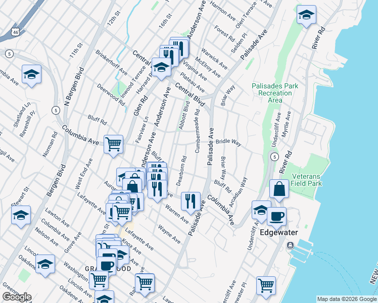 map of restaurants, bars, coffee shops, grocery stores, and more near 1078 Dearborn Road in Fort Lee