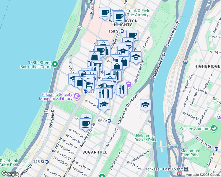 map of restaurants, bars, coffee shops, grocery stores, and more near 2006 Amsterdam Avenue in New York