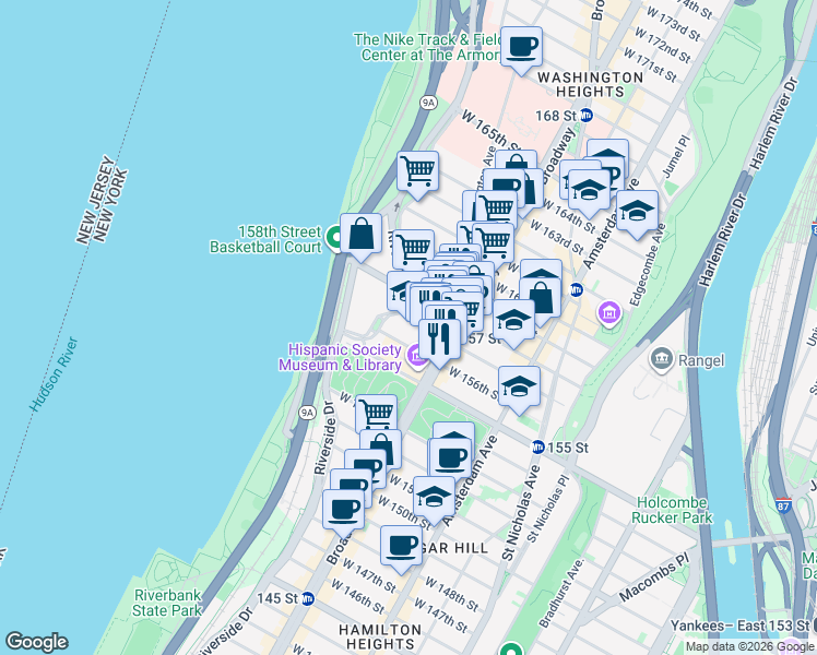 map of restaurants, bars, coffee shops, grocery stores, and more near 790 Riverside Drive in New York