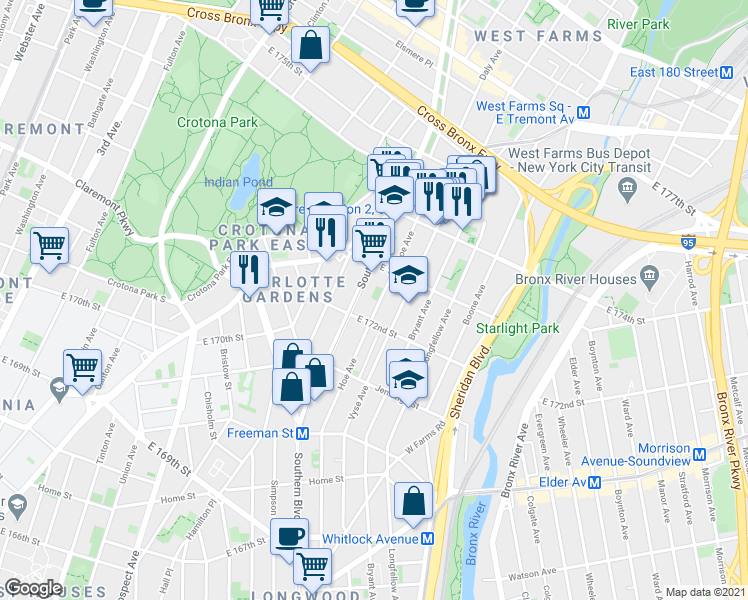 map of restaurants, bars, coffee shops, grocery stores, and more near 1543 Hoe Avenue in The Bronx