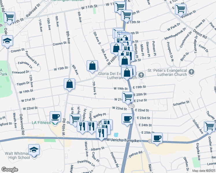 map of restaurants, bars, coffee shops, grocery stores, and more near 43 West 19th Street in Huntington Station