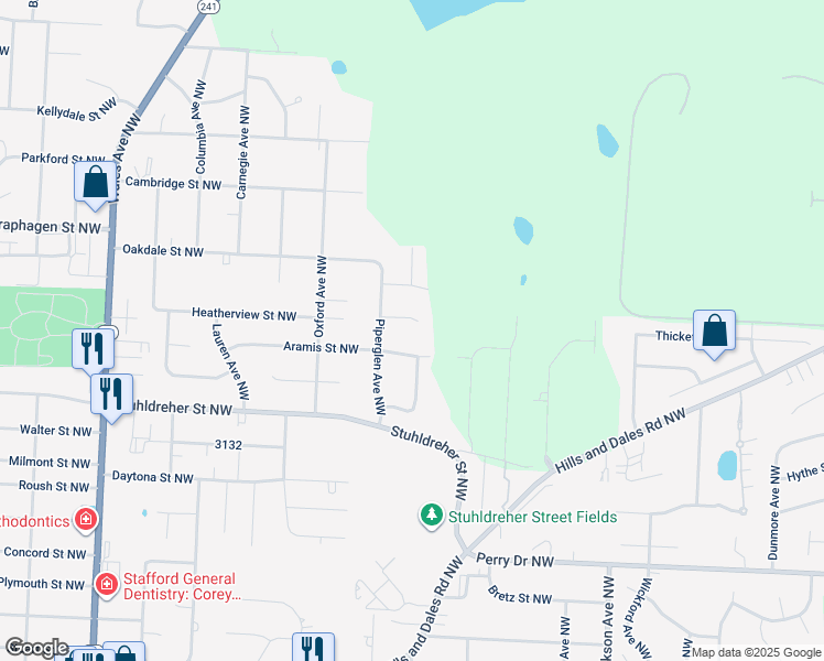 map of restaurants, bars, coffee shops, grocery stores, and more near 7488 Cheverton Circle Northwest in Massillon