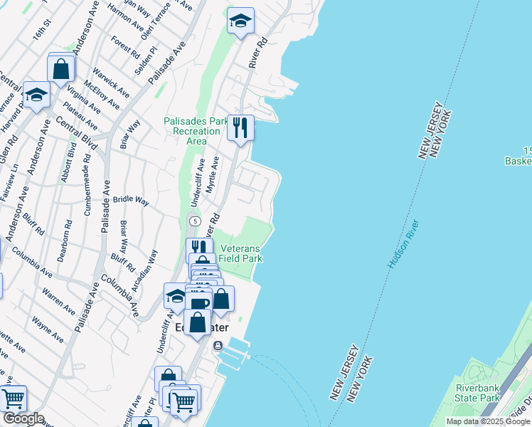 map of restaurants, bars, coffee shops, grocery stores, and more near 1225 River Road in Edgewater