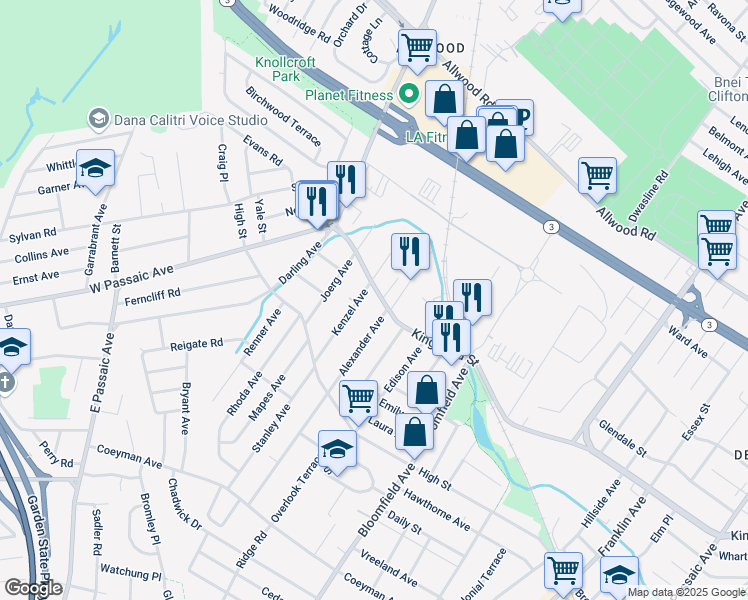 map of restaurants, bars, coffee shops, grocery stores, and more near 505 Kingsland Street in Nutley