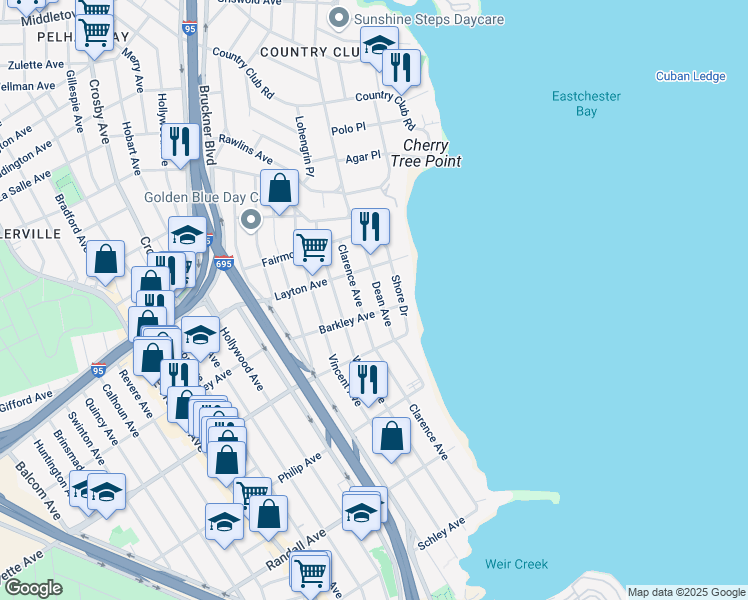 map of restaurants, bars, coffee shops, grocery stores, and more near 1015 Dean Avenue in Bronx