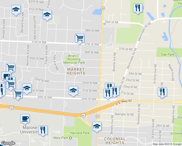 map of restaurants, bars, coffee shops, grocery stores, and more near 141 33rd Street Northwest in Canton