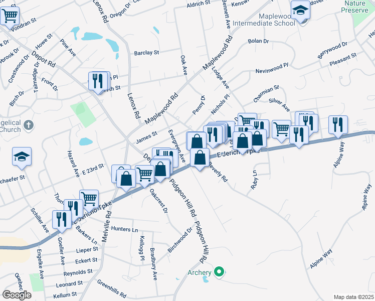 map of restaurants, bars, coffee shops, grocery stores, and more near 53 Bogart Street in Huntington Station