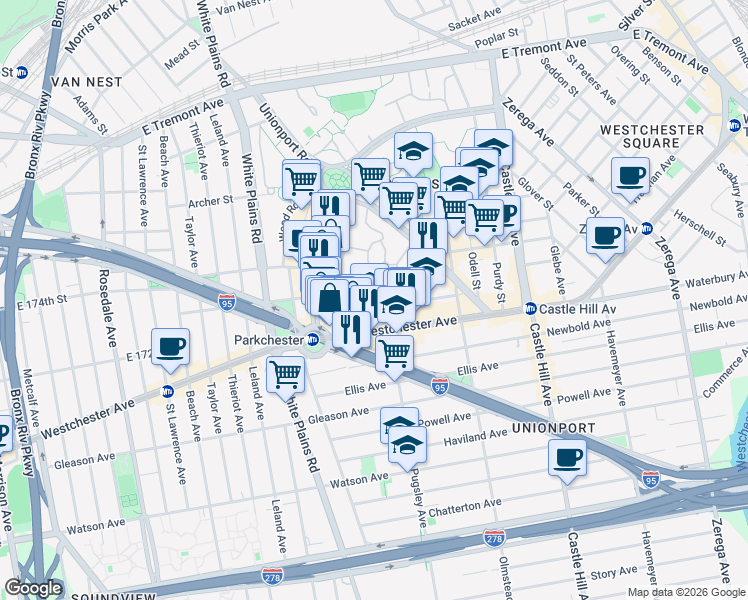 map of restaurants, bars, coffee shops, grocery stores, and more near in The Bronx