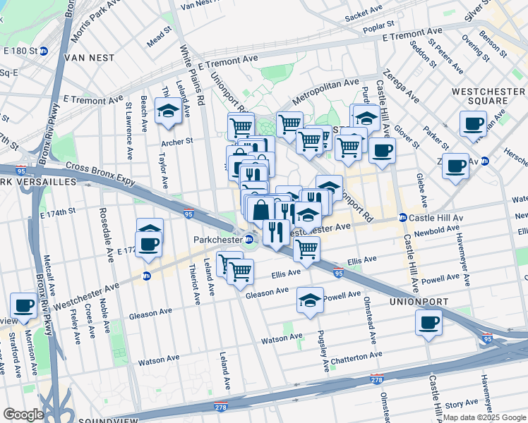 map of restaurants, bars, coffee shops, grocery stores, and more near 1332 Metropolitan Avenue in The Bronx