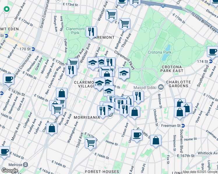 map of restaurants, bars, coffee shops, grocery stores, and more near 1399 Fulton Avenue in Bronx