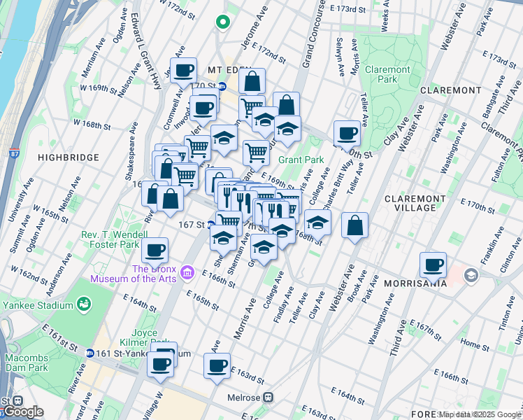 map of restaurants, bars, coffee shops, grocery stores, and more near in The Bronx