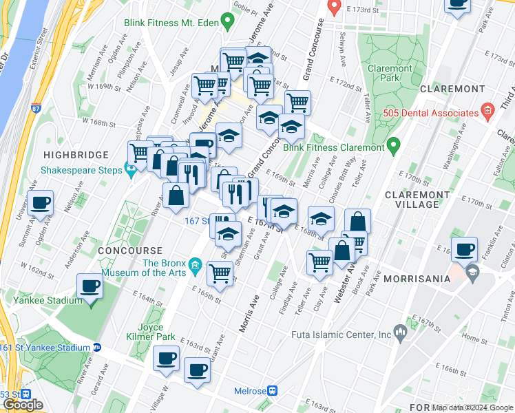 map of restaurants, bars, coffee shops, grocery stores, and more near in The Bronx