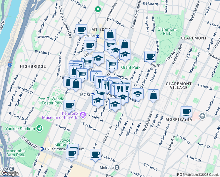 map of restaurants, bars, coffee shops, grocery stores, and more near in The Bronx